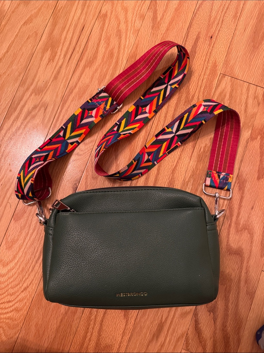 Dark Green Crossbody Bag with Colorful Strap
